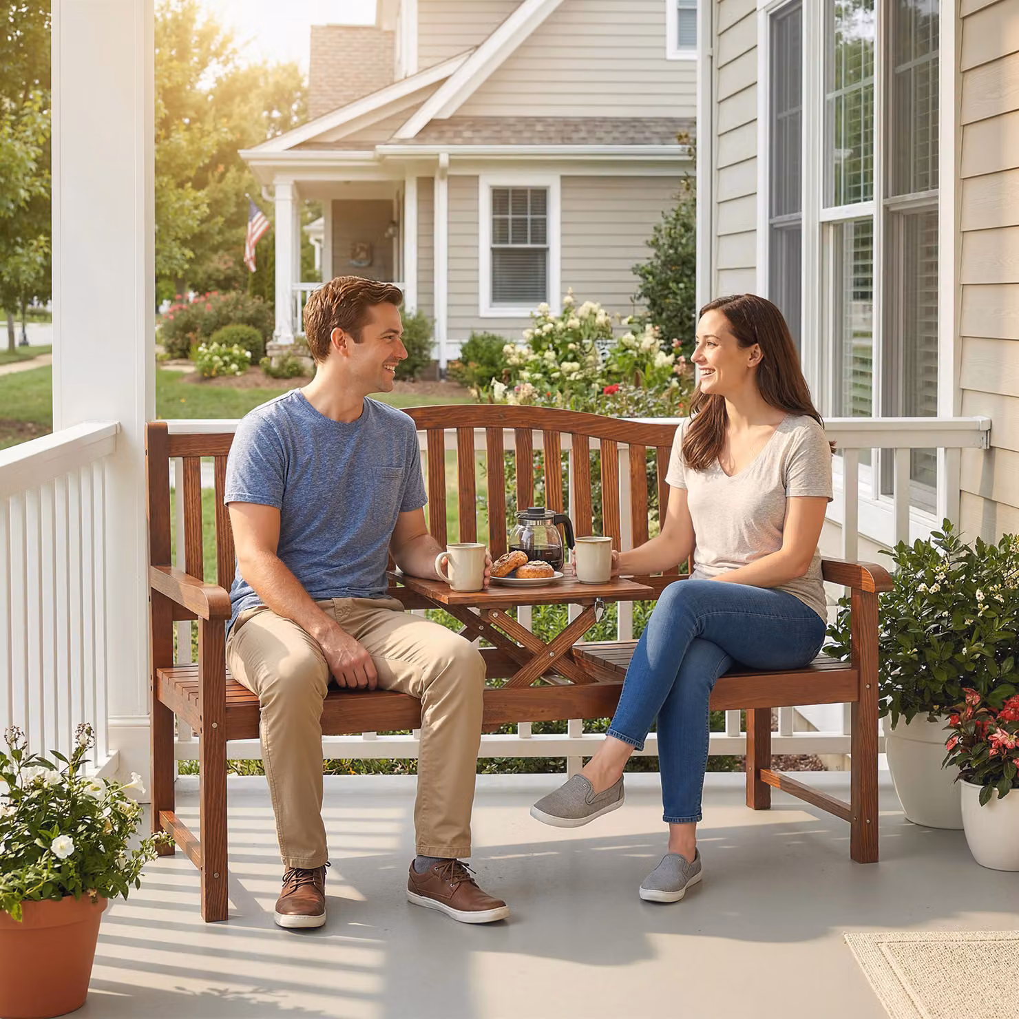 Outsunny Garden Loveseat Bench, 2-3 Seater Outdoor Wood Bench with Liftable Table and Waterproof Cover, Brown – 6