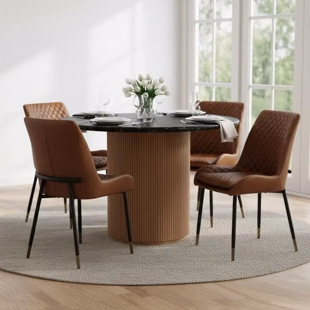 Luxor Living Mid-Century Round Dining Table with Black Marble Top and Brown Wood Pedestal
