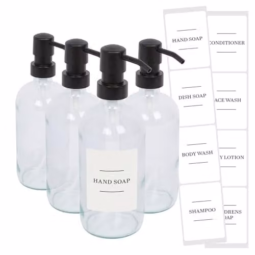 Harbour Housewares Pack of 4 Refillable Glass Soap Dispensers with Black Pumps and White Labels, 500ml, Transparent