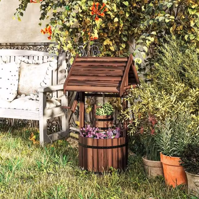 Outsunny Brown Wooden Wishing Well Ornamental Garden Planter