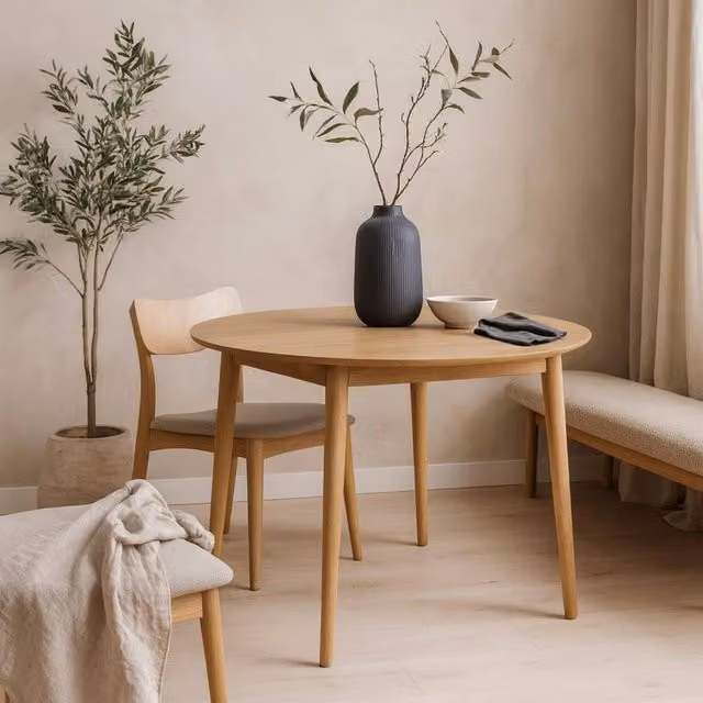 Wyld Haus Novi Sad Round Extending Dining Table in Natural Oak Effect Brown and Beige – 1