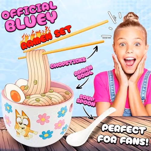 Get Trend Bluey Ramen Bowl Set, Multicolour Ceramic Japanese Rice Noodle Bowls with Ceramic Spoon and Bamboo Chopsticks, 600ml – 2