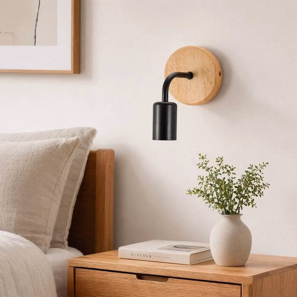 EONLION 2-Pack Vintage Industrial Wood and Metal Wall Sconces in Black with E27 Bulb Holder – 3
