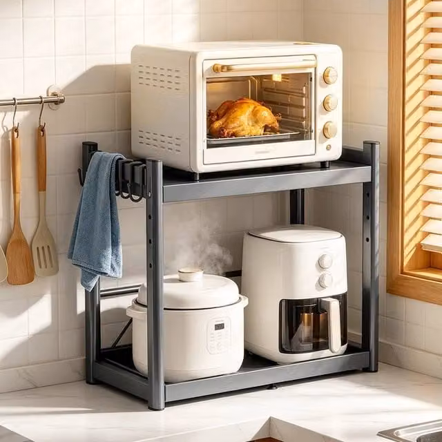VOGREX 2-Tier Expandable Pull Out Microwave Storage Rack in Black with Adjustable Shelves – 1