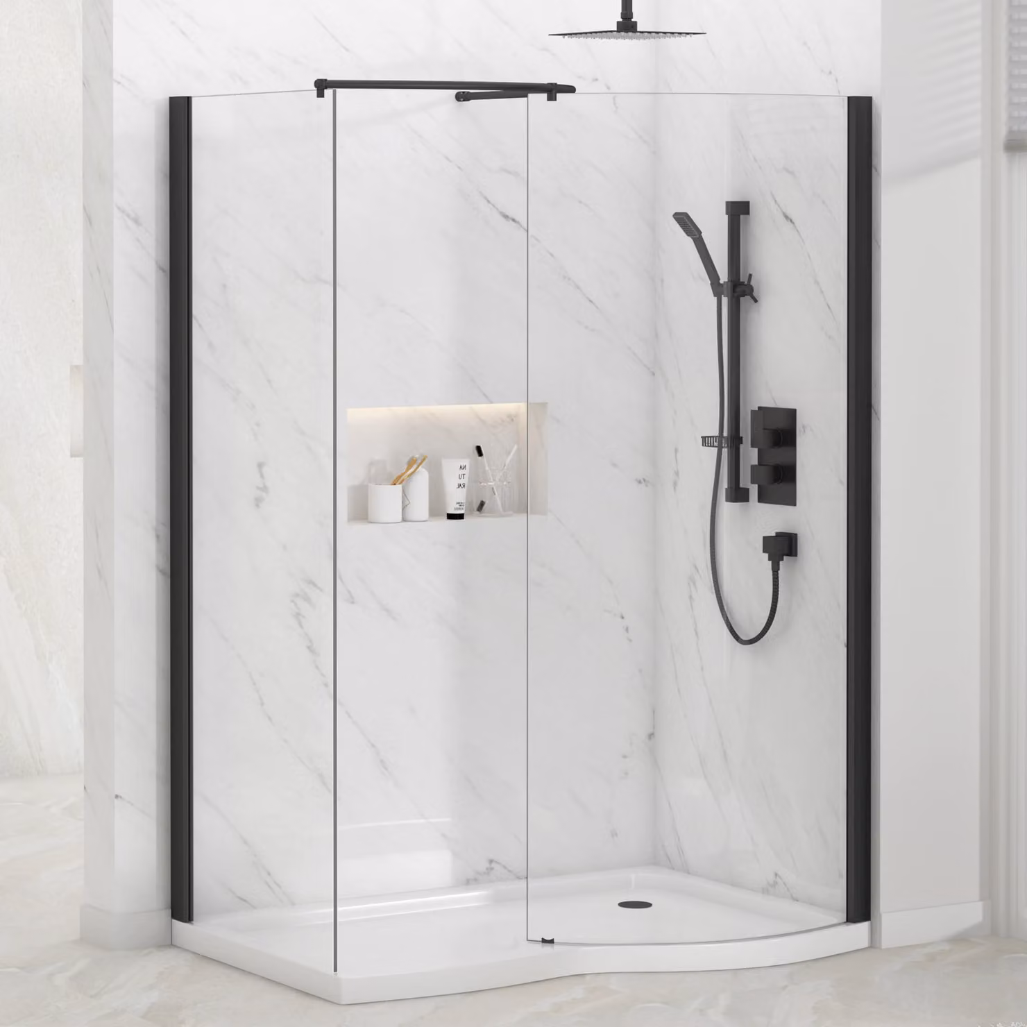 Royal Bathrooms Milan Curved Walk In Enclosure with RH Tray, Matt Black, W: 140 cm, D: 90 cm, 8mm Glass