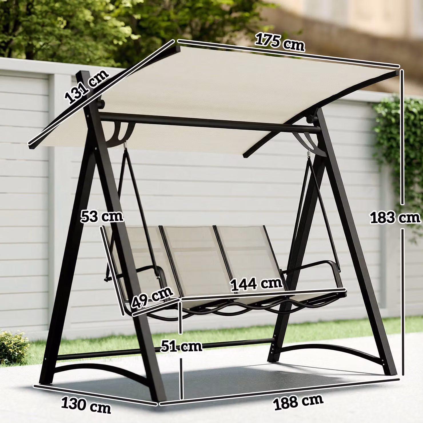 Outsunny 3 Seater Garden Swing Bench with Adjustable Sun Canopy in White – 3
