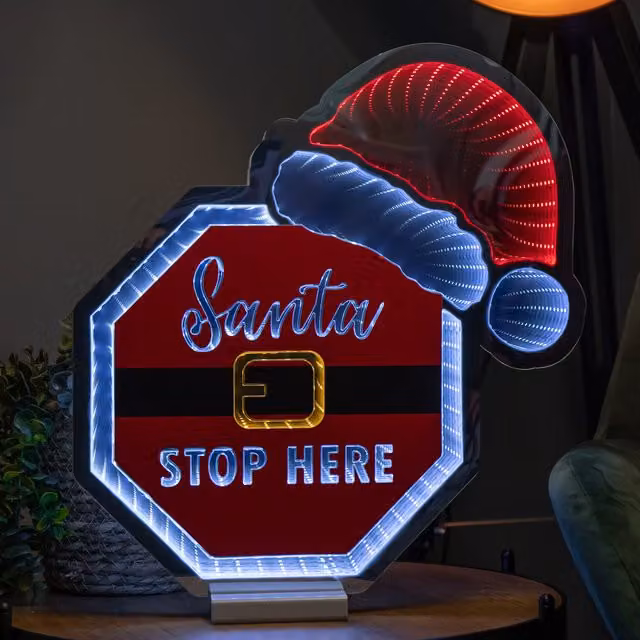Samuel Alexander Light up Santa Stop Here Sign with Hat Infinity Decoration and LEDs in Red and White, 40 cm – 1