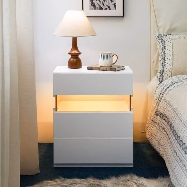 Matteo Modern White Bedside Table with Integrated RGB LED Lighting and 3 Drawers – 1
