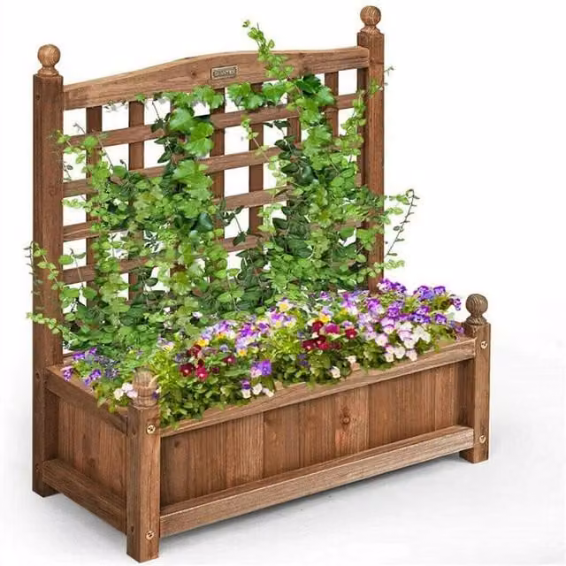 VOGREX Small Freestanding Raised Wooden Garden Planter Box with Trellis in Brown, W/D/H: 76.0 x 63.5 x 29.0 cm