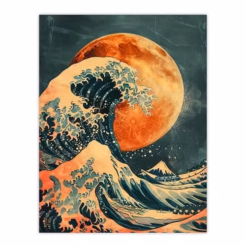 Artery8 Orange Moon Traditional Japanese Waves Unframed Wall Art Paper Poster – 1