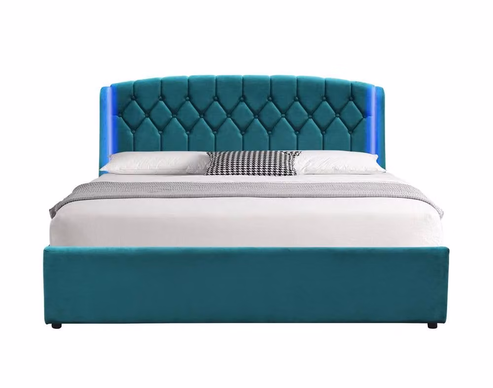 Comfy Living Ltd Single Fabric Velvet Gaslift Bedframe with LED Headboard in Green, W: 90 cm, L: 190 cm – 2