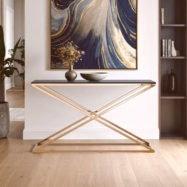 Orsina Montril Gold Console Table with Glass and Acacia Wood, W/D/H: 130 x 40 x 75 cm – 1
