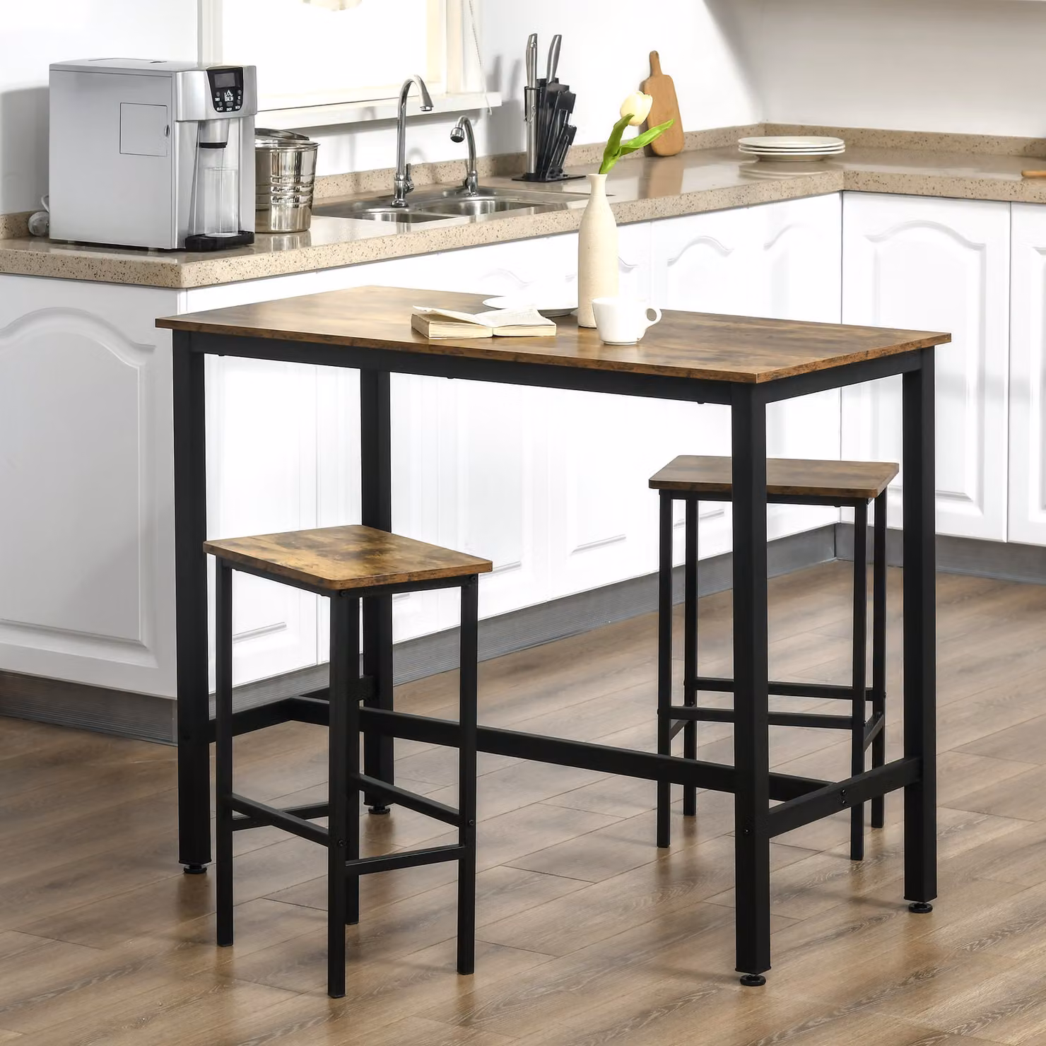 HOMCOM 3-Piece Industrial Bar Table and 2 Stools Set in Brown for Kitchen, Living Room or Dining Room – 2