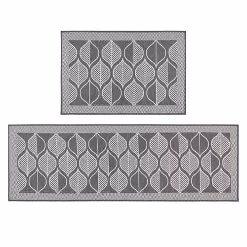 JVL Expression Machine Washable Non-Slip Entrance Doormat and Runner Set in Grey and White with Leaves Design