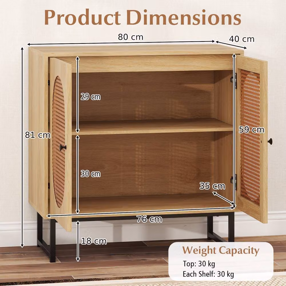 Gymax Boho Rattan Sideboard and Buffet Cabinet with Adjustable Shelf in Natural Beige and Brown – 3
