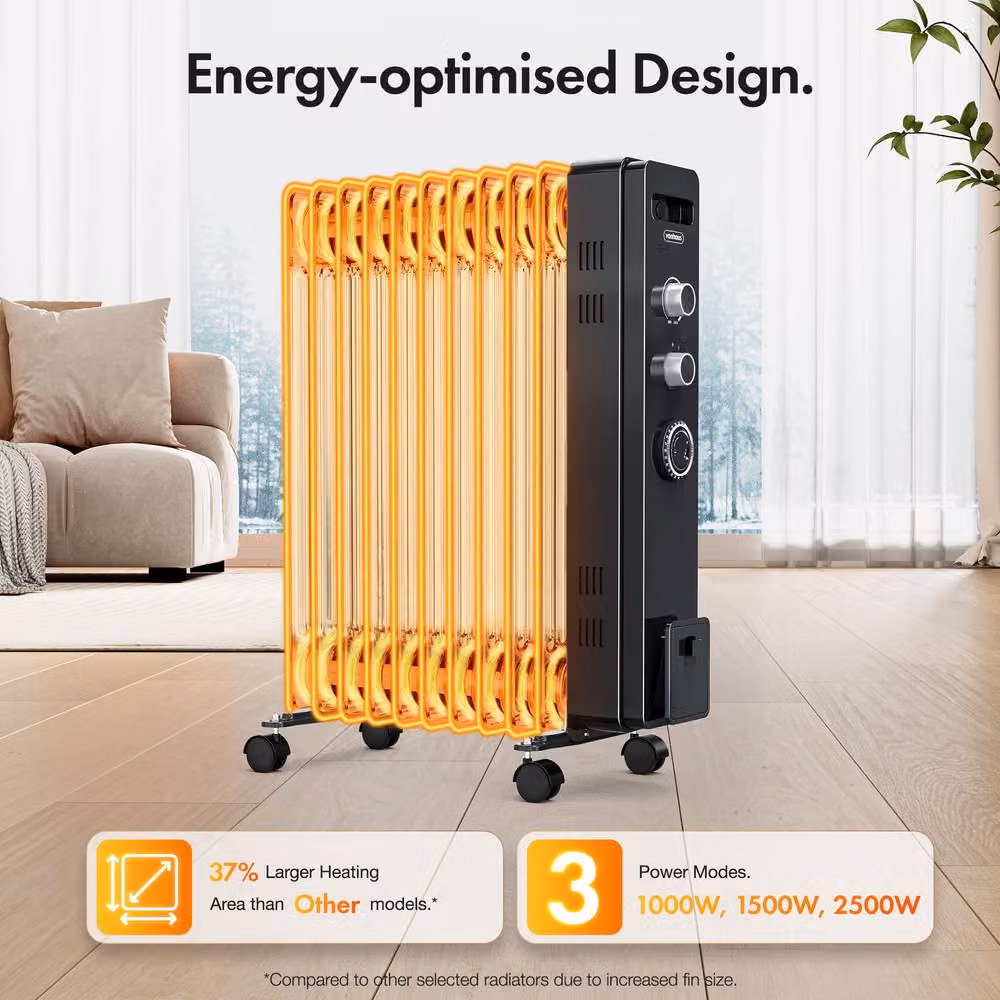VonHaus 11 Fin Oil Filled Radiator 2500W in Black – 3