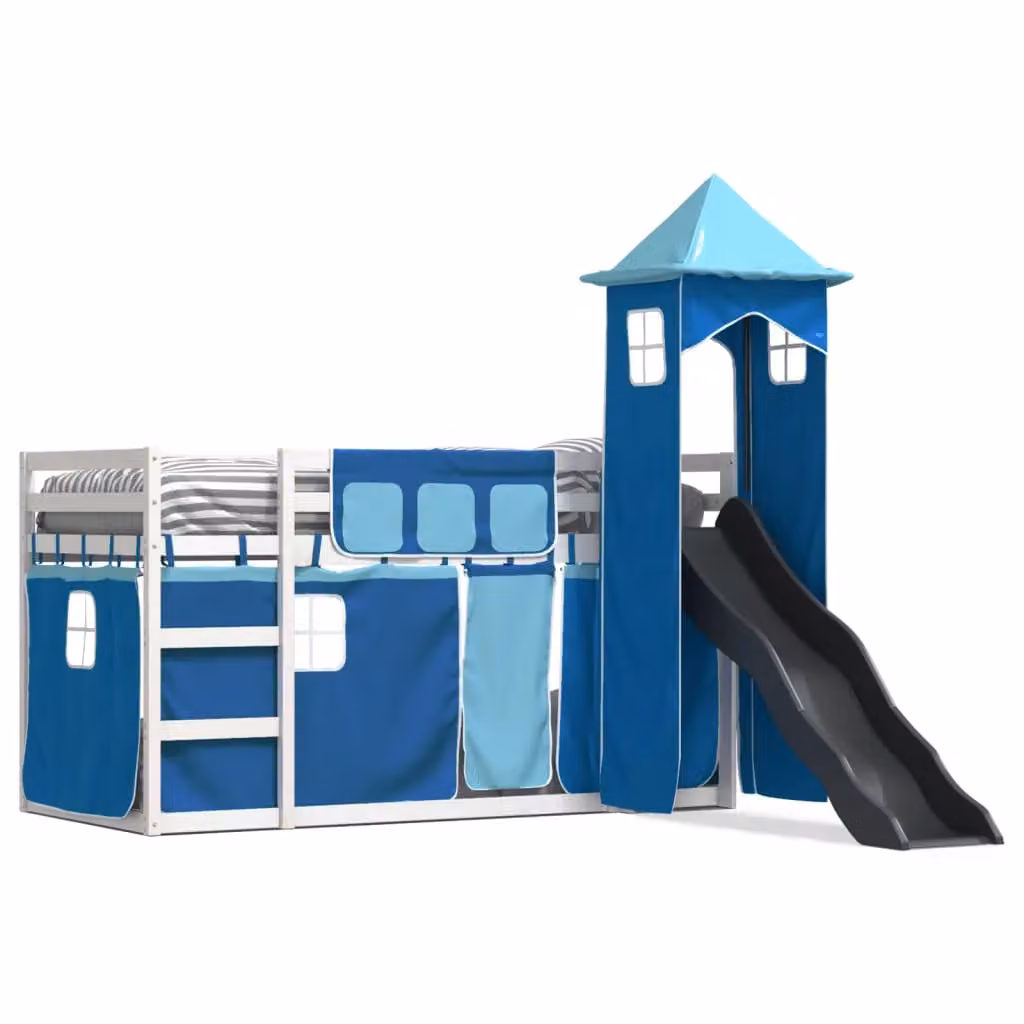 Berkfield Home Blue Childrens Bunk Bed with Slide and Curtains, Solid Pine Wood, W/D/H: 90 x 200 cm – 2
