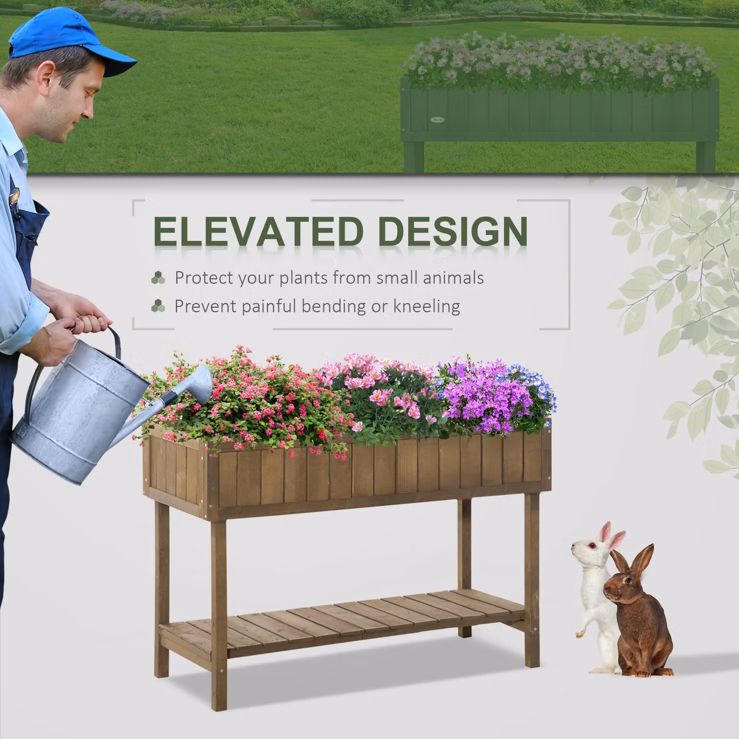Outsunny Brown Wooden Raised Flower Bed with 8 Inner Cubes, Bottom Shelf and Drainage Holes, W: 110 cm, D: 46 cm, H: 76 cm – 6