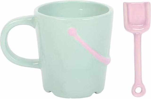 KDMK Pastel Bucket Mug with Spade Spoon in Light Green Ceramic, 350 ml