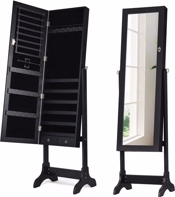 COSTWAY Modern Lockable Jewellery Armoire with Mirror and Hinged Glass Doors, Black