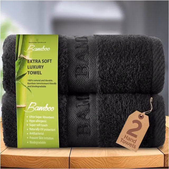 Gaveno Cavailia 2 Pack Black Bamboo and Cotton Large Bath Towels, 500 GSM, W: 70 cm, H: 120 cm
