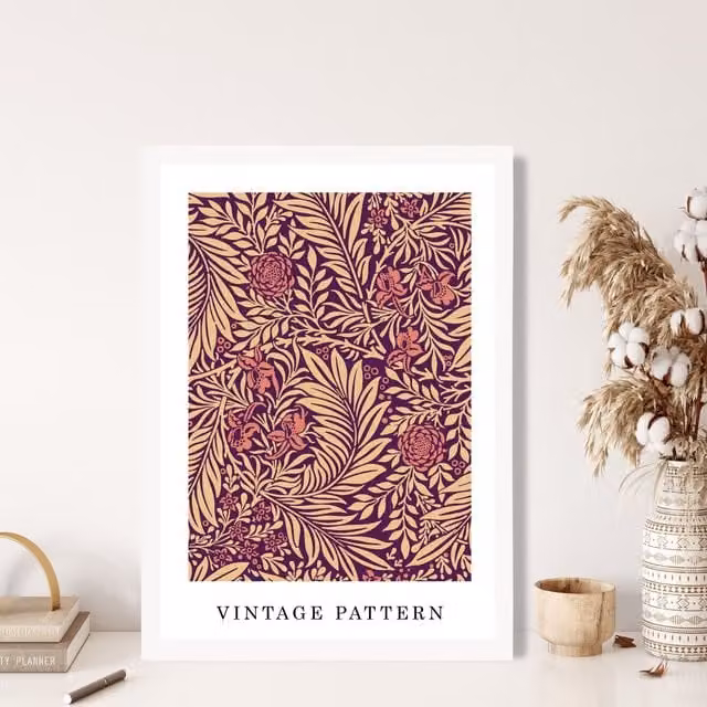 ARTZE Vintage William Morris Larkspur Floral Art Print in Pink and Beige with White Frame