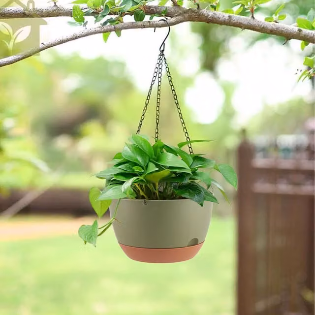 Komore Set of 2 Green Round Hanging Plastic Plant Pots