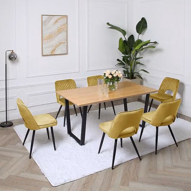 Home Garden Direct Provence Dining Set with Oak Veneer Rectangular Table and 6 Chairs in Yellow and Black