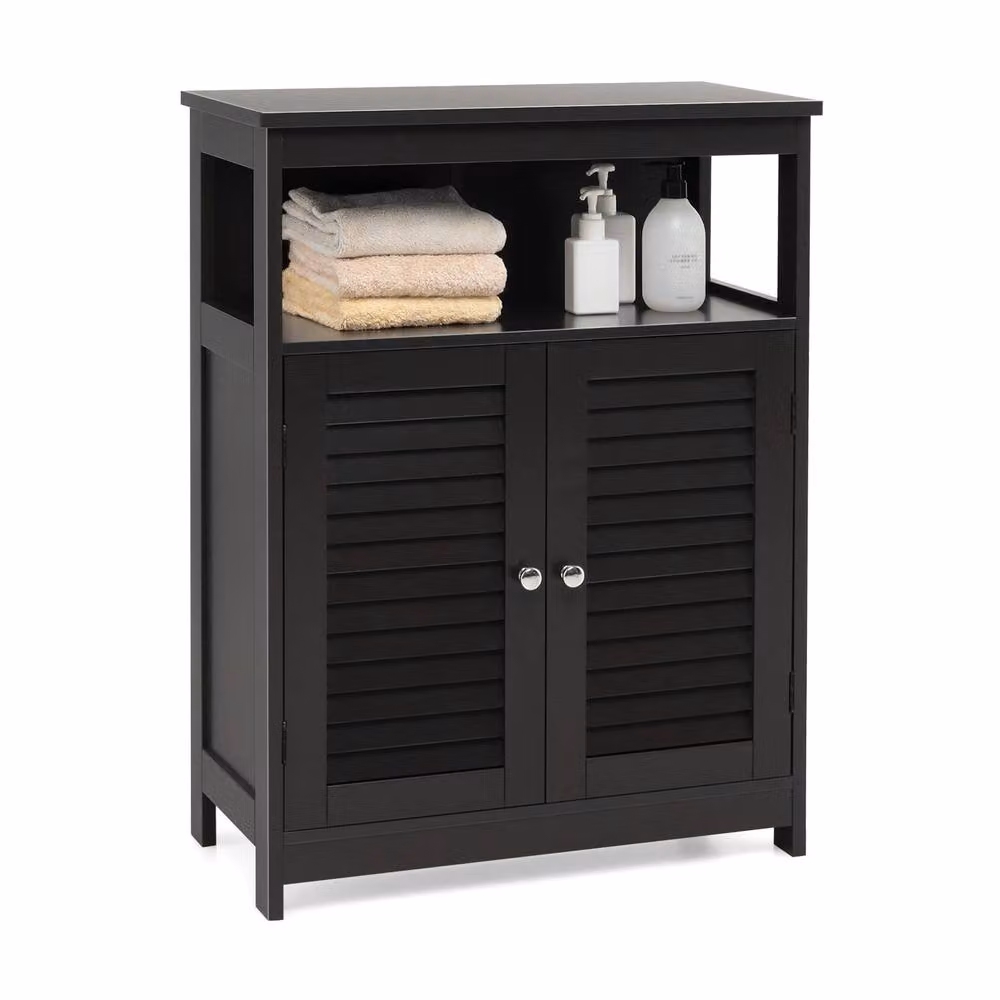 Costway Modern Black Wooden Bathroom Floor Cabinet with Adjustable Internal Shelves and Open Storage Shelf – 3