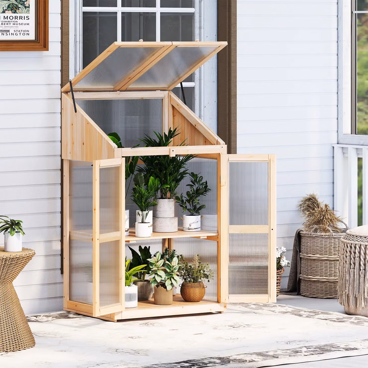 Costway Wooden Portable Cold Frame Greenhouse and Raised Flower Planter in Natural Brown – 2