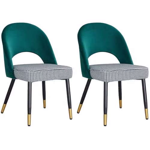Hygrad Built to Survive Set of 2 Green Checked Velvet Dining Chairs with Metal Legs