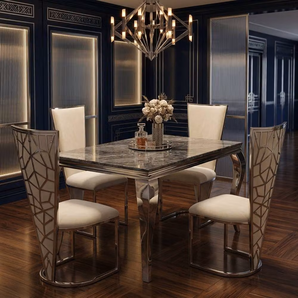Home Luxe Interior Grey Marble Dining Table and 4 Vienna Cream Silver Chairs Set – 4