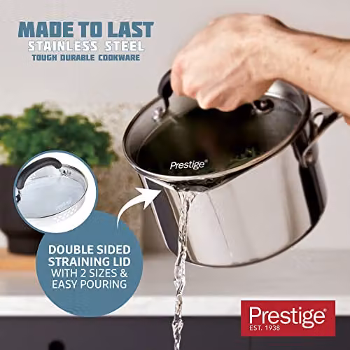 Prestige Made To Last Stainless Steel Saucepan with Straining Glass Lid and Silicone Handles, Silver, Diameter: 16 cm – 2