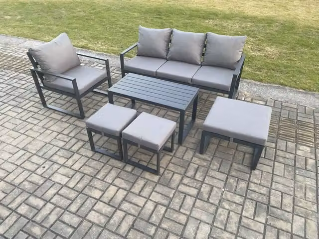 Fimous Modern Powder Coated Aluminium Outdoor Garden Furniture Set in Dark Grey with Oblong Coffee Table, Armchair and 3 Ottomans
