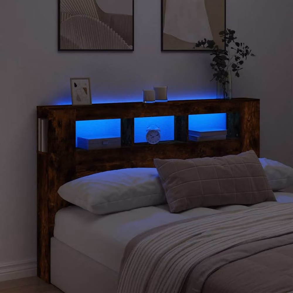 Berkfield Home Modern LED Headboard in Smoked Oak Brown with Integrated Shelf and USB Charging Port, W: 160 cm, D: 18.5 cm, H: 103.5 cm – 2