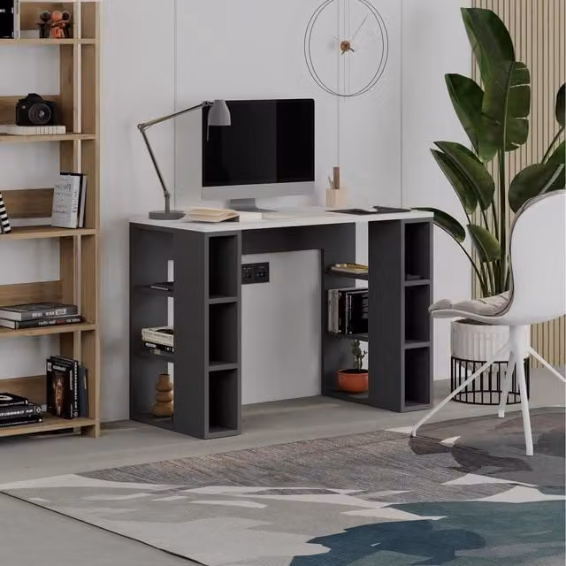 Decortie Colmar Writing Desk with 3 Open Shelves, White and Anthracite Grey, W: 106 cm, H: 75 cm, D: 50 cm