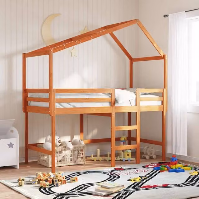 Berkfield Home Loft Bed Frame in Waxed Brown Solid Pine Wood, W/D/H: 90 x 190 cm – 1