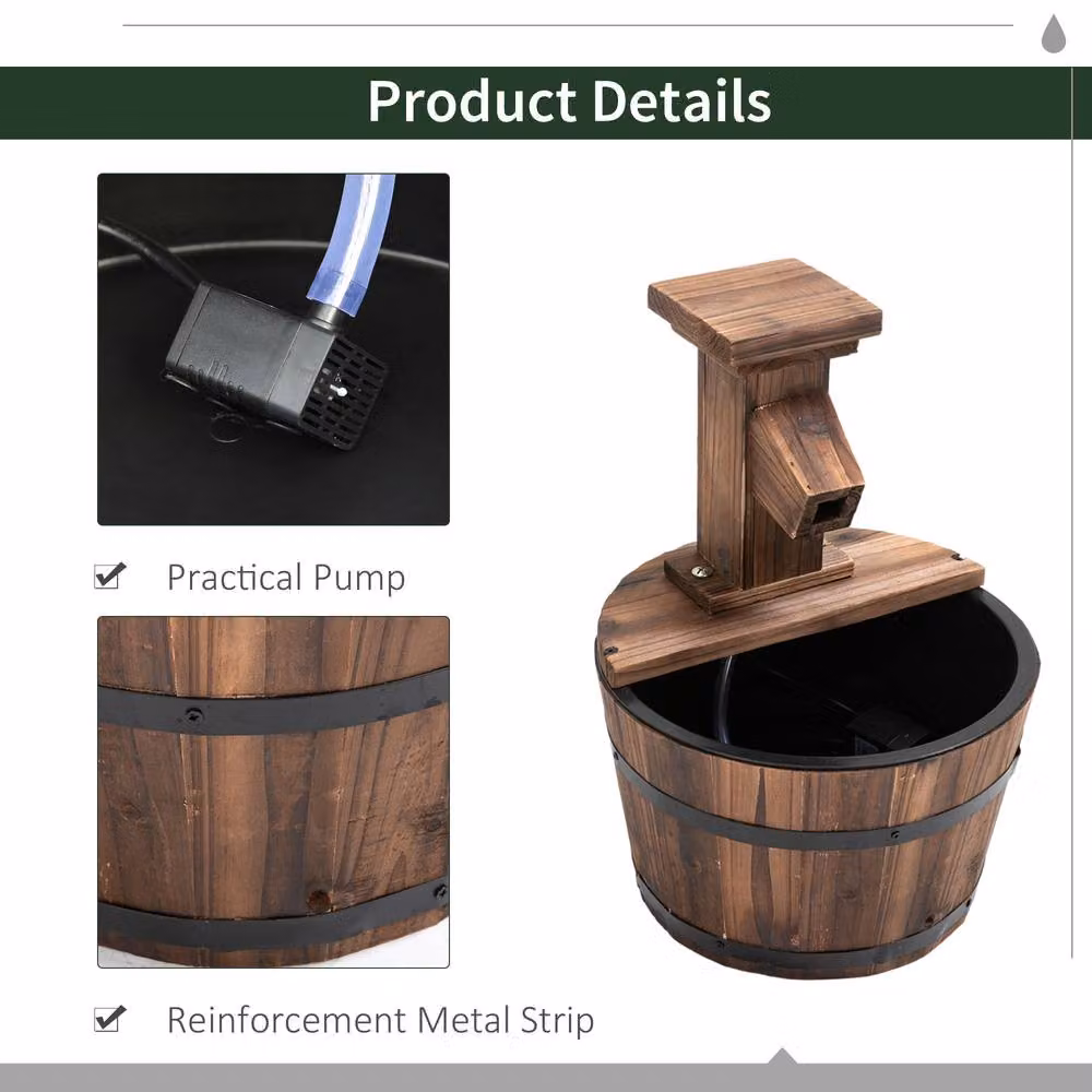 Outsunny Wood Barrel Patio Water Fountain with Electric Pump in Brown, W/D/H: 37.0 x 27.0 x 1.0 cm – 4