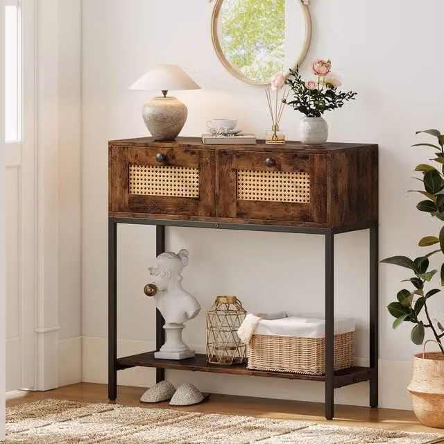 Costway Boho Modern Wooden Console Table with 2 Drawers, Brown