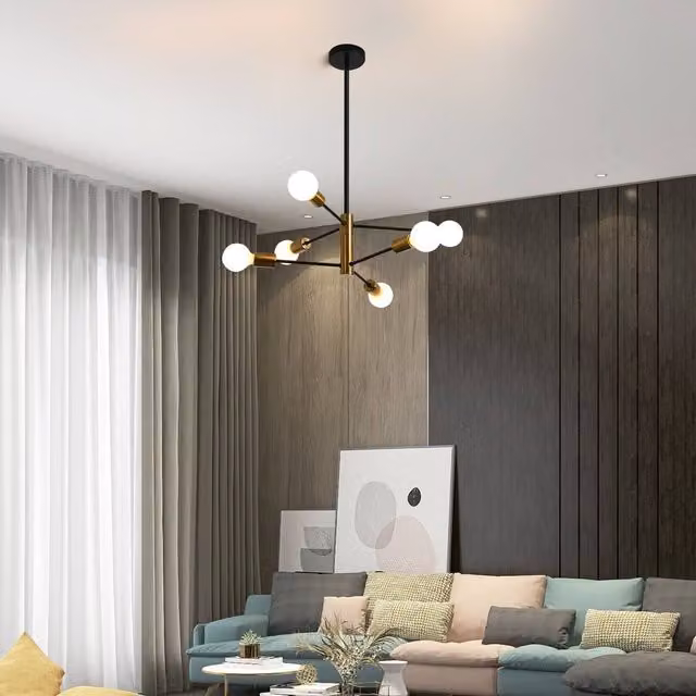 NIVOR 6-Light Mid Century Modern Sputnik Ceiling Lamp in Black, Gold and Copper Metal