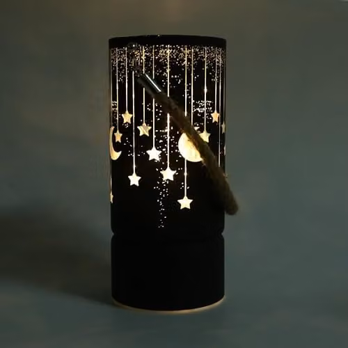 Shatchi Black and Gold Christmas Decorated LED Glass Lantern Vase with Moon and Stars Design, Height: 22 cm – 3