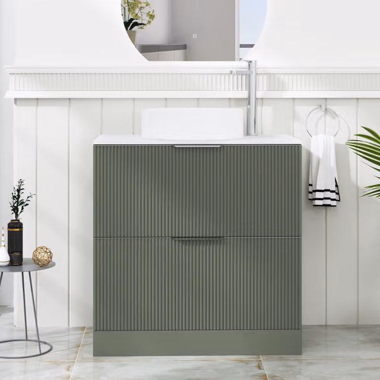 Royal Bathrooms Evora 800mm Sage Green Fluted Floor Standing Vanity Unit with 2 Drawers and Carrara White Stone Worktop