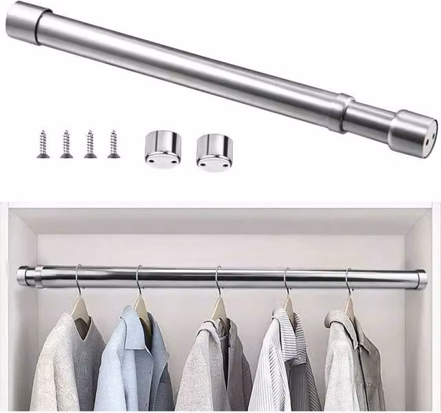 NESTLUNE Extendable Stainless Steel Wardrobe Rail in Silver, Width: 110-210 cm