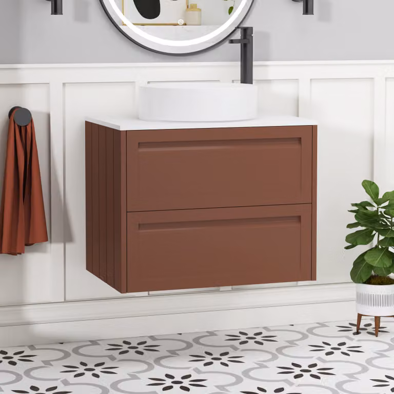 Royal Bathrooms Elmore Wall Hung Vanity Unit with 2 Drawers and Plain White Worktop, Terracotta Clay