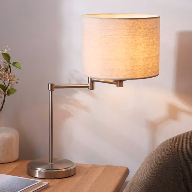 Pagazzi Marston Silver Metal Table Lamp with Beige Fabric Shade – 1