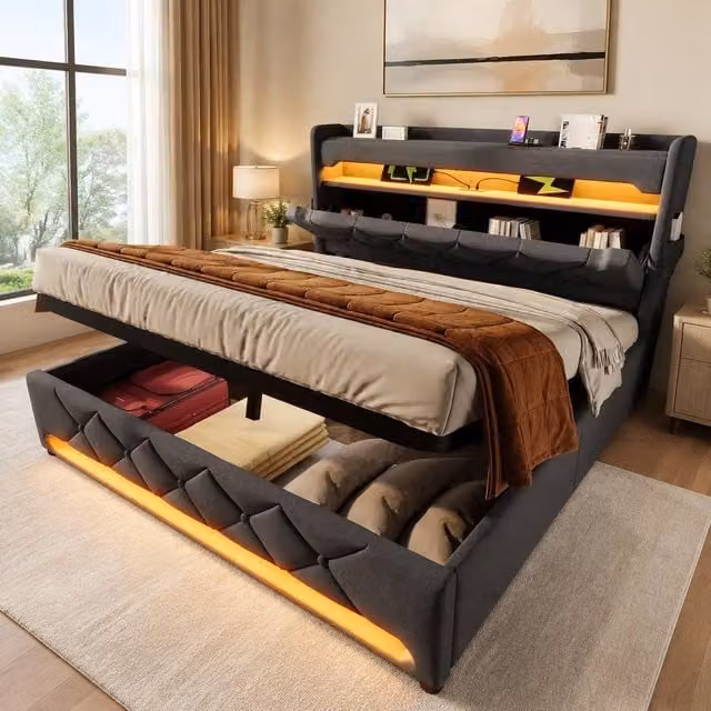 STILVORA Grey Upholstered King Size Bed with LED Lighting, USB Charging Ports and Lift-Up Base, W: 150 cm, L: 200 cm