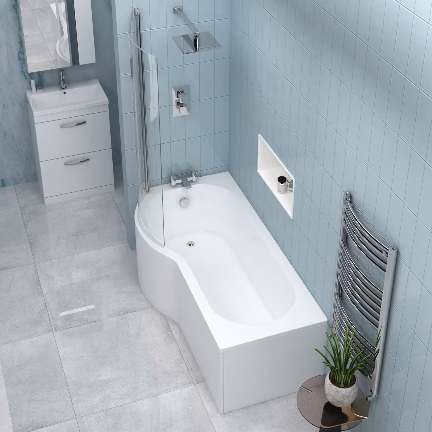 Elva Left Hand Curved P-Shaped Acrylic Bath in White with Front Apron and Shower Screen W: 170 cm, D: 85 cm