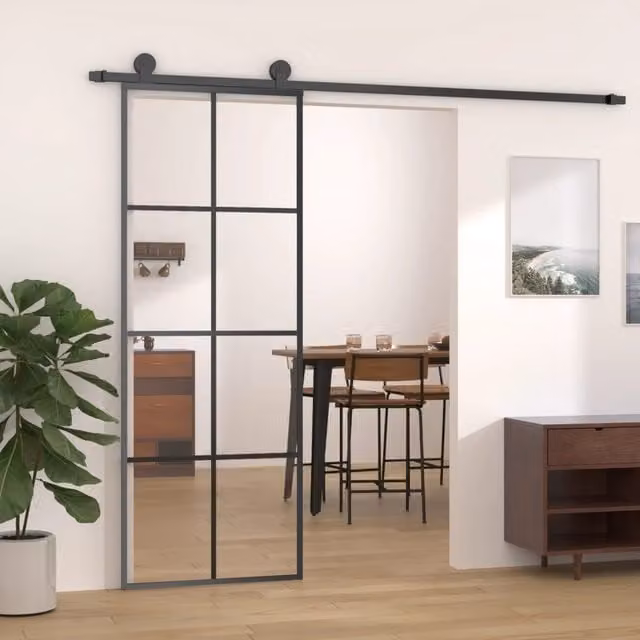 Berkfield Home Modern Sliding Door in Black with Transparent ESG Glass and Aluminium, W: 76 cm, H: 205 cm – 1