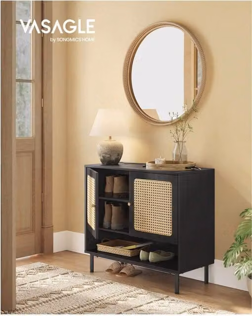 VASAGLE Boho Black Shoe Cabinet with Rattan Hinged Doors and Internal Shelves