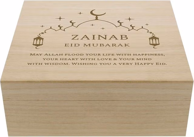 Personalised Memento Company Personalised Eid and Ramadan Large Wooden Keepsake Box in Light Brown